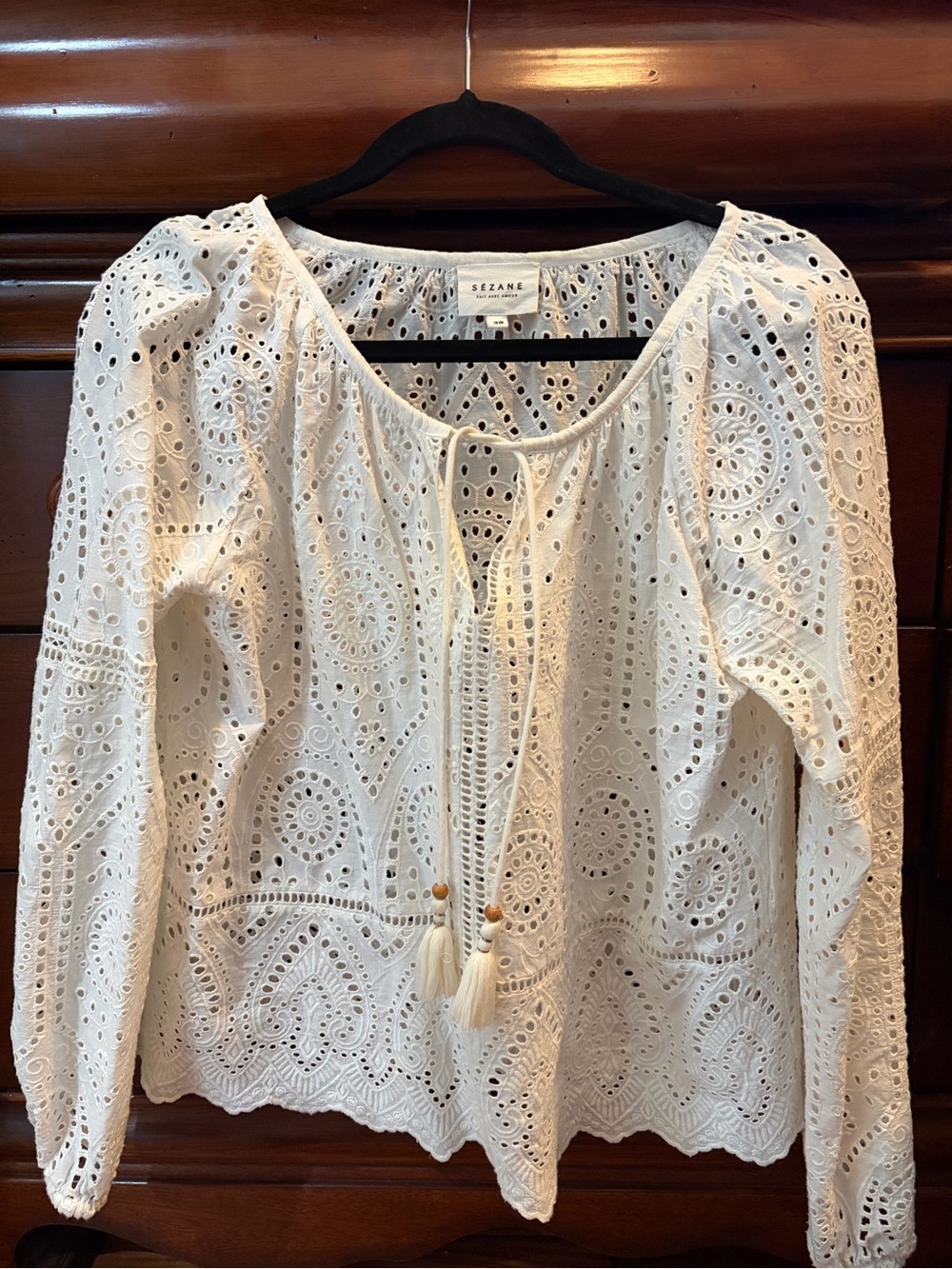 Sezane White Eyelet Tassel Peasant Blouse